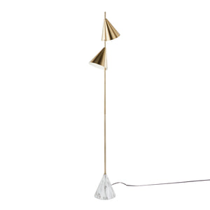 English Elm Cone 65" Glam Metal Floor Lamp with Brushed Finish, White Faux Marble Base, Dual Cone Shades, LED Gold B202P224137