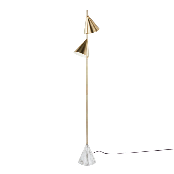 English Elm Cone 65" Glam Metal Floor Lamp with Brushed Finish, White Faux Marble Base, Dual Cone Shades, LED Gold B202P224137