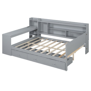 English Elm Full Size Wooden Daybed With 3 Storage Drawers, Built-In Desk & Usb Ports – Gray, Space-Saving Design N820S00018E