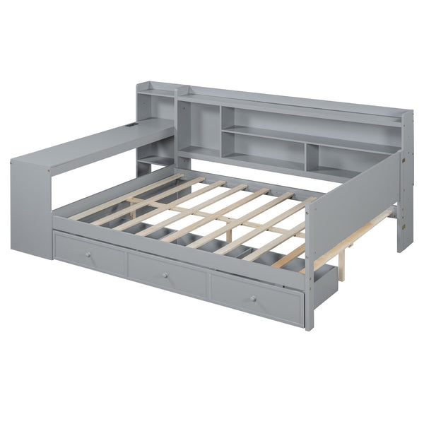 English Elm Full Size Wooden Daybed With 3 Storage Drawers, Built-In Desk & Usb Ports – Gray, Space-Saving Design N820S00018E