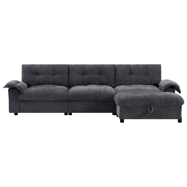 English Elm 104*60" Sectional Sofa with Hidden Ottoman Storage, Tufted Chenille, USB Ports, Cup Holder Dark Gray N723S9806E