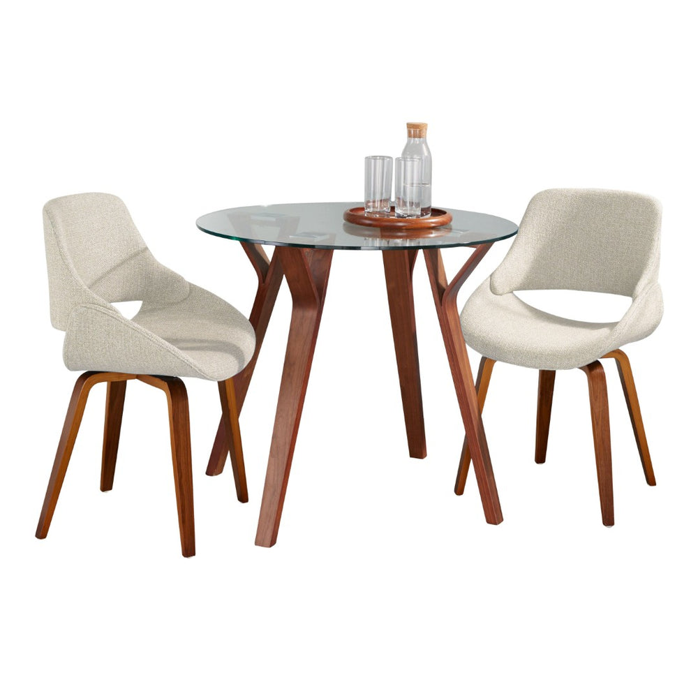 English Elm Folia 3 Piece Mid-century Dining Set Tempered Glass Top Walnut Legs Cream Chairs B202S01414