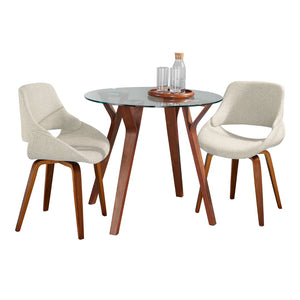 English Elm Folia 3 Piece Mid-century Dining Set Tempered Glass Top Walnut Legs Cream Chairs B202S01414