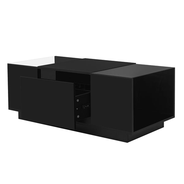 English Elm U-Can LED Coffee Table with Glass Top, 16-Color Bluetooth APP Lighting, Hidden Drawers & Open Storage Black N724P290056B