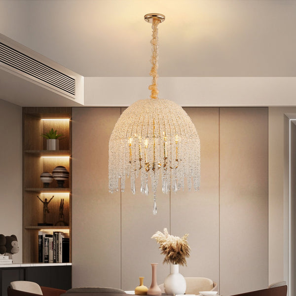English Elm 20 6-Light K9 Crystal Pendant Chandelier, Gold Waterfall Bead Strings, Adjustable Height, Elegant W2312P368720