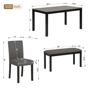 English Elm 6-Piece Stylish Dining Table Set With Bench & Chairs, Modern Light Grey & Black For Kitchen & Dining W1998S00060