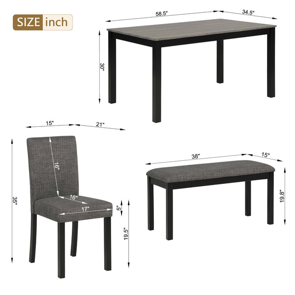 English Elm 6-Piece Stylish Dining Table Set With Bench & Chairs, Modern Light Grey & Black For Kitchen & Dining W1998S00060