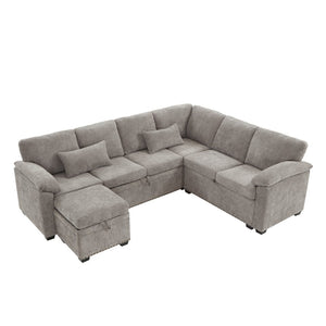 English Elm 97 Inch L-shaped Chenille Sectional Sofa with Sleeper Storage Ottoman 7 Seats Grey W1669S00018