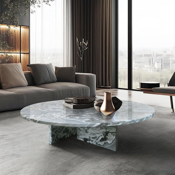 English Elm Blue Gray Marble Coffee Table With Metal Base - Sculptural Design For Modern Living Rooms & Lounges W1696P262769