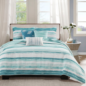JLA Home Madison Park - 6 Piece Printed Quilt Set Coastal Watercolor Stripe Reversible Quilt with Embroidered Seashell Pillows 94 L x 104 W x 0.25H MP13-7949
