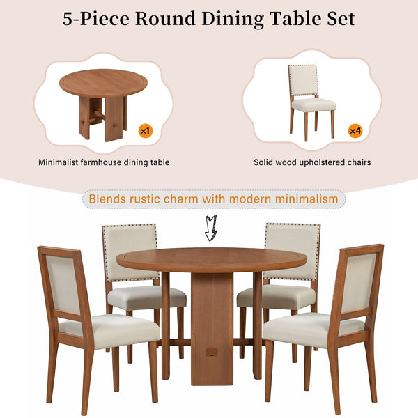 English Elm TREXM 5-Piece Round Dining Set for 4 — Minimalist Farmhouse Table with Upholstered Solid Wood Chairs Beige+Brown ST000148AAD