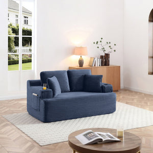 English Elm Boneless Floor Sofa Corduroy Upholstered 5 Seat Low Profile with Cup Holders for Living Room Blue W1117S00433