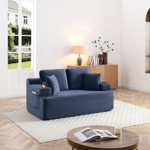 English Elm Boneless Floor Sofa Corduroy Upholstered 5 Seat Low Profile with Cup Holders for Living Room Blue W1117S00433