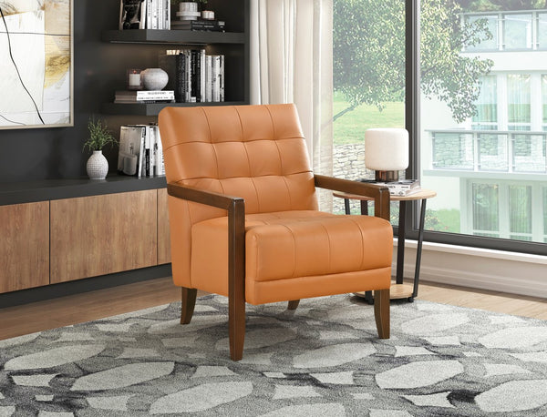 English Elm Modern Tufted Leather Accent Chair with Walnut Wood Frame, Upholstered Seat, Compact Stylish Design Orange 28 L x 21 W x 25.75 H B011P271928