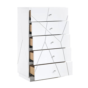English Elm Glamorous White Gloss 5-drawer Tall Chest with Etched Geometric Fronts for Bedroom B011P429135