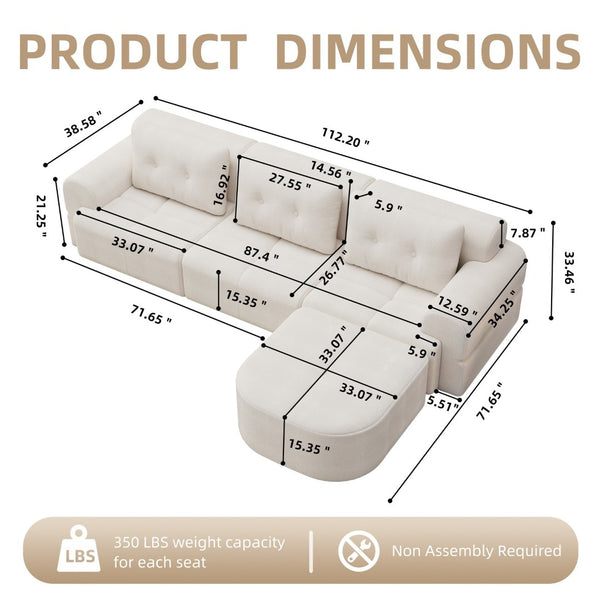 English Elm Modular Sectional Sofa with Chaise Full Foam Build Woven Fabric for Living Room Beige White W2379S00005