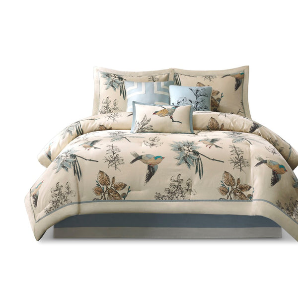 English Elm 7 Madison Park Quincy 7 Piece Comforter Set Cotton Twill Leaf & Bird Print OEKO‑TEX Queen Bedding Collection khaki 23.62 L x 18.9 W x 16.93 H B03597225