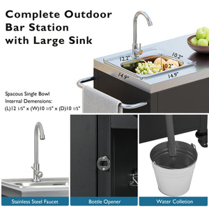 English Elm K&K Outdoor Kitchen Island with 304 Sink, Thick Stainless Top, Spice Rack, Trash Holder, Locking Wheels, BBQ Prep Station N707P270780B