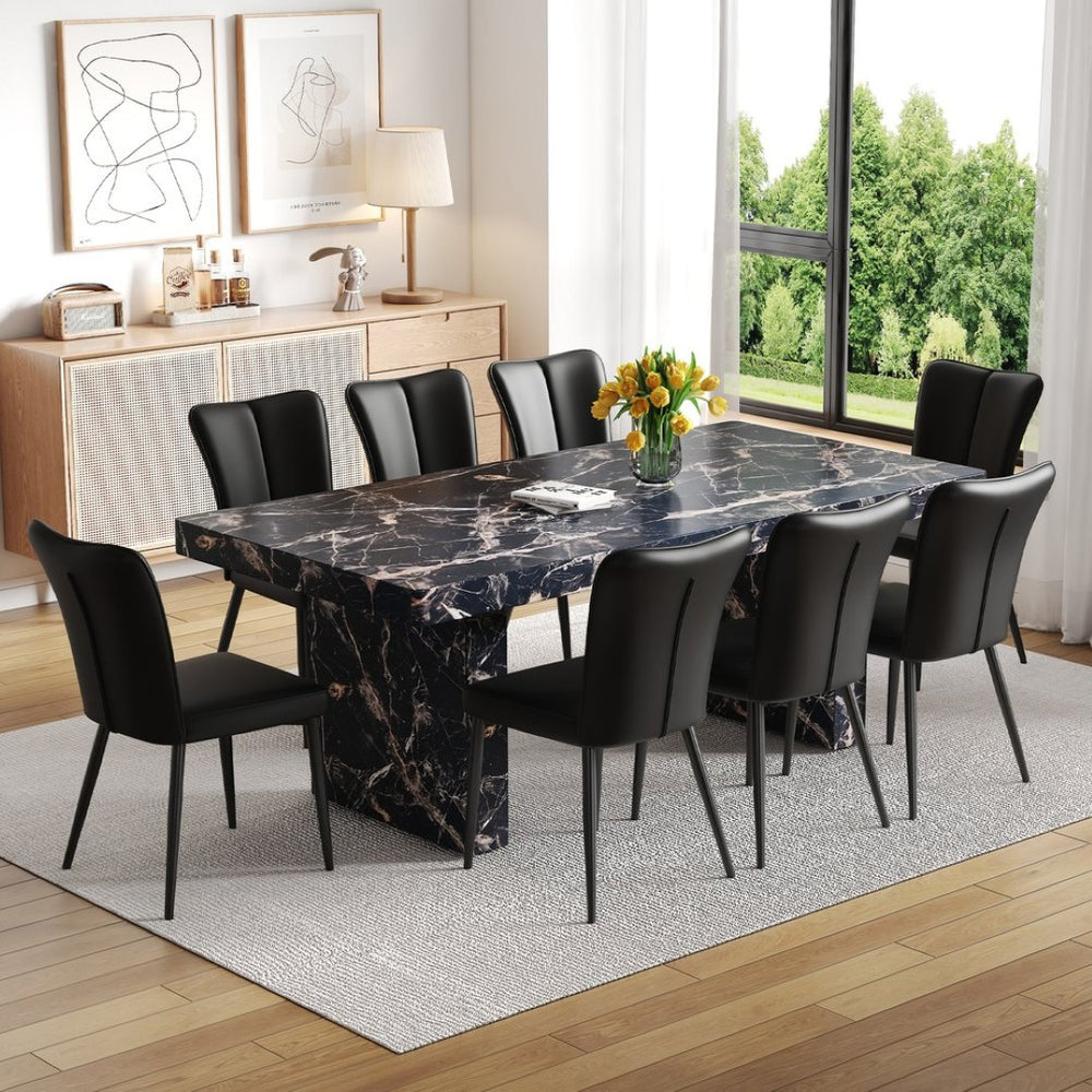 English Elm Table and Chair Set 9 Piece Black Marble Mdf Dining with Pu Leather Seating W1151S04139