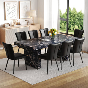 English Elm Table and Chair Set 9 Piece Black Marble Mdf Dining with Pu Leather Seating W1151S04139