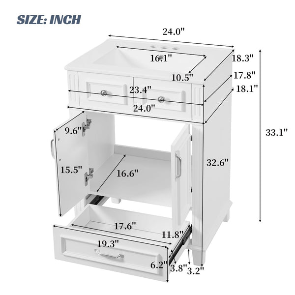 English Elm 24'' Retro Bathroom Vanity Solid Rubberwood Frame Ceramic Sink Soft Close Storage White N710P405405K