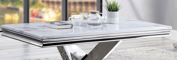 English Elm Modern Glam Coffee Table with 18mm Faux Marble Top, Beveled Edges and Curved Pedestal Metal Base Chrome 55 L x 32 W x 4 H B2741S00433