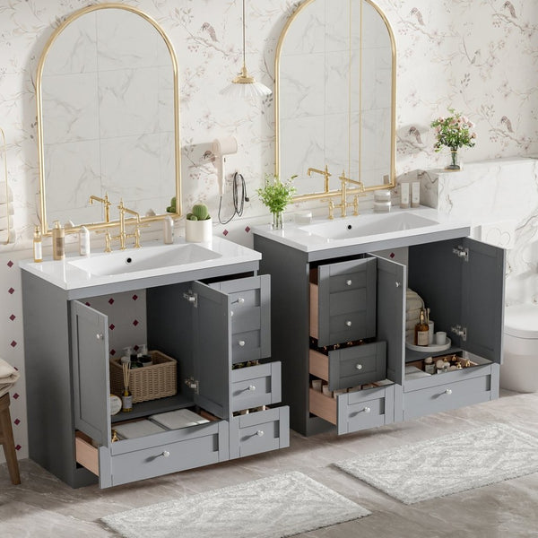 English Elm 72-inch Shaker Double Bathroom Vanity Gray Mdf with Resin Basins and Soft Close Storage N729P000029E