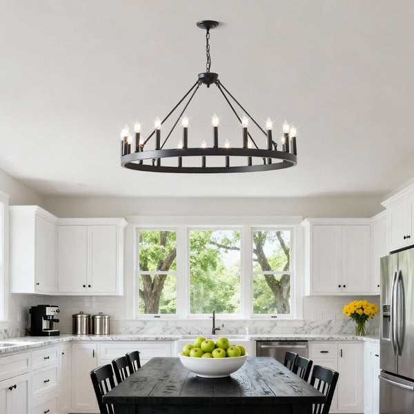 English Elm 20-light Oversized Wagon Wheel Chandelier Matte Black Farmhouse Style for Grand Spaces W5008P388936