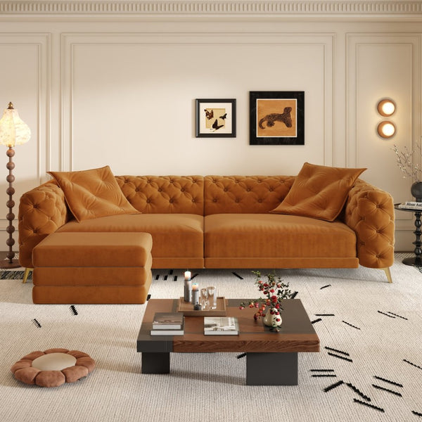English Elm 97.6" Oversized Velvet Chesterfield Sleeper Sofa Floral Tufted Roll Arm Living Room Couch Orange W1885S00299