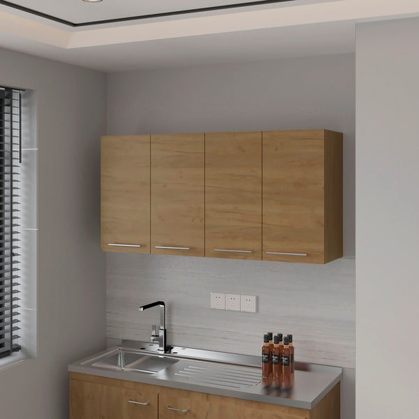 English Elm Lyman Wall Cabinet Kitchen Melamine 4-Door Natural Oak with Dish Organizer, Fixed Shelves, 47.2" W B128P287529