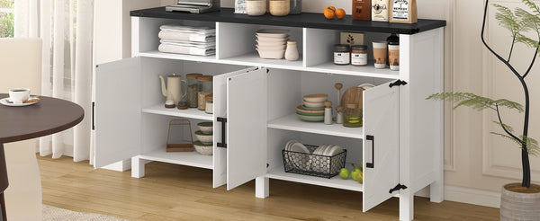 English Elm U_style 59 Inch Sideboard Buffet with Built in Power Outlets Open Cubbies Metal Accents White+Black N711P347407K