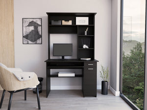 English Elm Compu Engineered Wood Hutch Desk with Keyboard Tray, CPU Door Panel, Five Shelves & Drawer Black 35 L x 25 W x 3 H B097S00116