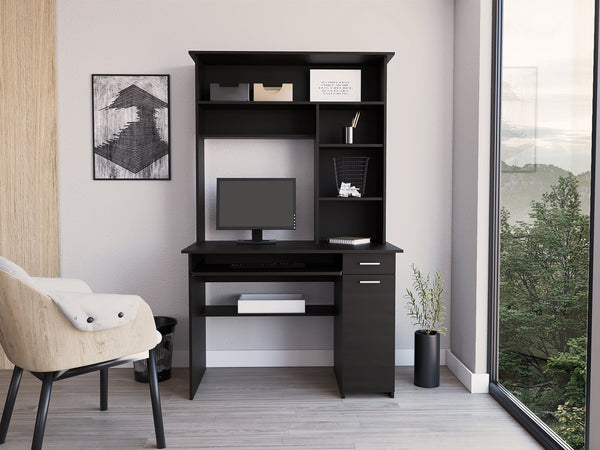 English Elm Compu Engineered Wood Hutch Desk with Keyboard Tray, CPU Door Panel, Five Shelves & Drawer Black 35 L x 25 W x 3 H B097S00116