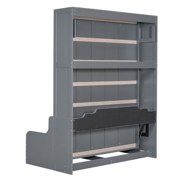 English Elm Queen Murphy Wall Bed with Integrated Chair Espresso Cabinet for Studio Apartments Gray LP000791AAE-3