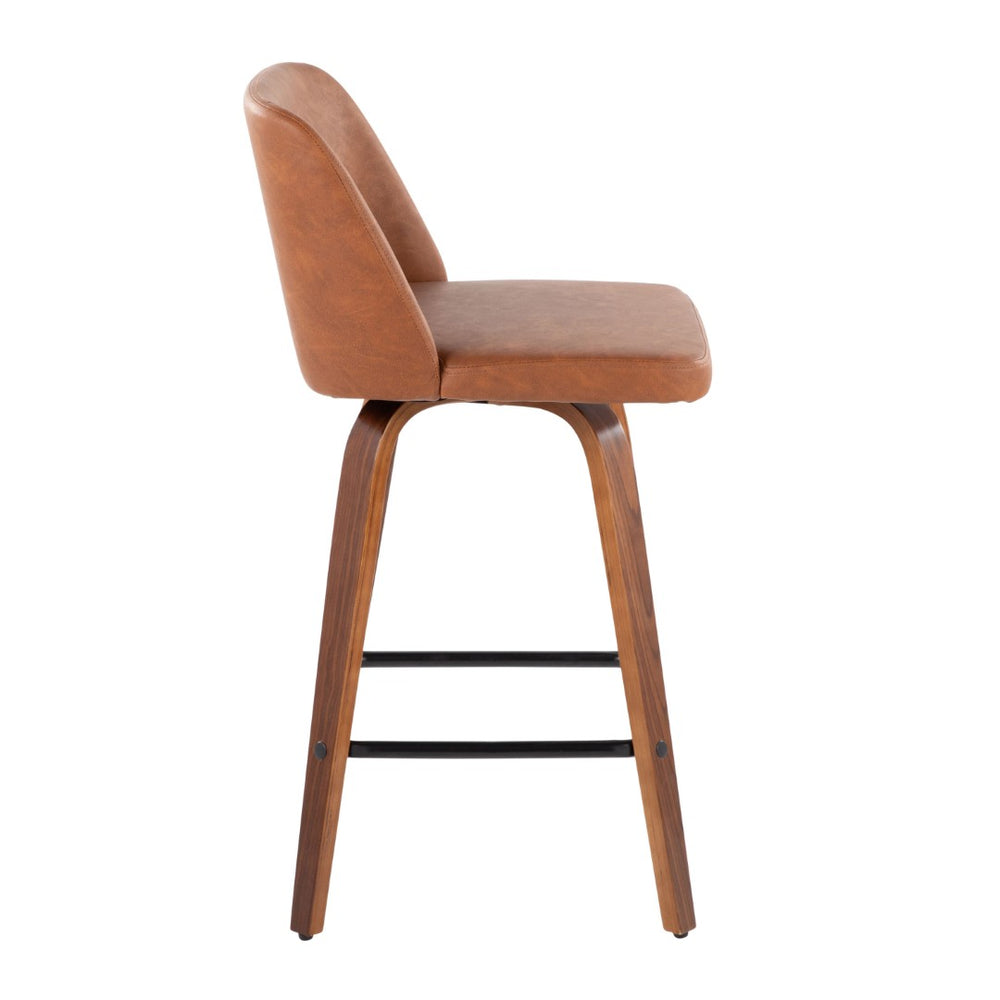 English Elm Toriano 26" Mid-Century Modern Swivel Counter Stool Set Of 2 In Walnut & Camel Faux Leather Comfort B202S00446-GIGA