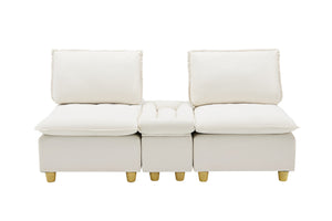 English Elm 74-inch flannel sofa with cup holders, storage compartment, adjustable backrest and solid wood frame Beige W1658S00123