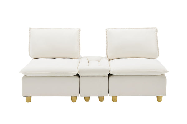 English Elm 74-inch flannel sofa with cup holders, storage compartment, adjustable backrest and solid wood frame Beige W1658S00123