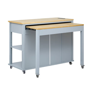 English Elm K&k Farmhouse Kitchen Island Extendable Table Rubber Wood Veneer Built-in Charging Storage Grey+Blue N707S215327G