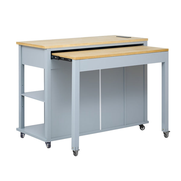 English Elm K&k Farmhouse Kitchen Island Extendable Table Rubber Wood Veneer Built-in Charging Storage Grey+Blue N707S215327G