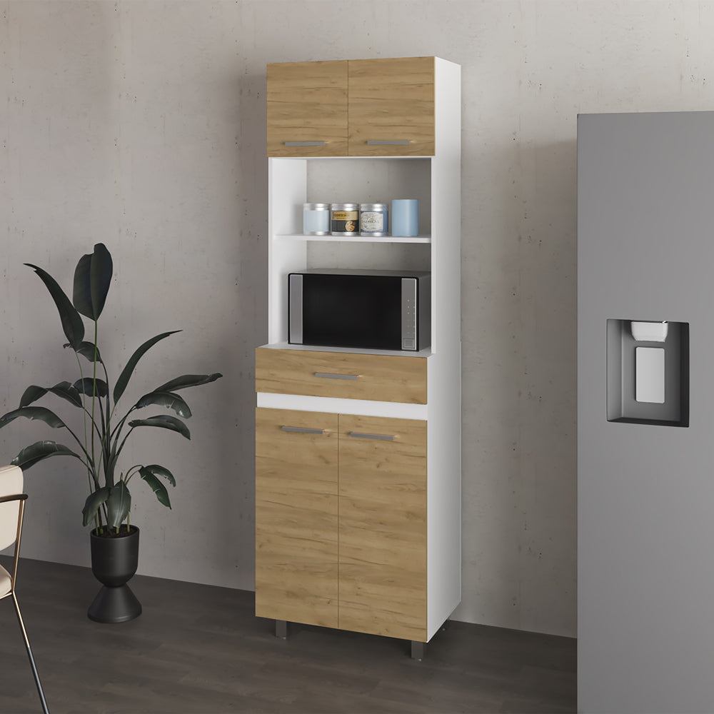 English Elm Lakeridge Pantry Cabinet with White & Macadamia Finish — 4 Doors, 2 Drawers, Open Shelf Storage B092P315581