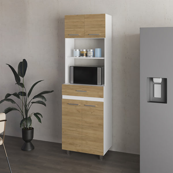 English Elm Lakeridge Pantry Cabinet with White & Macadamia Finish — 4 Doors, 2 Drawers, Open Shelf Storage B092P315581