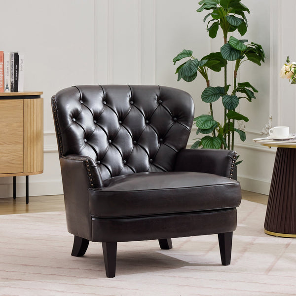 English Elm Christopher Knight Home® - Mirod Vintage Upholstered Lounge Chair with Tufted Back and Nailhead Trim, Solid Wood Legs, Cozy Comfort Dark Brown N760P253374B