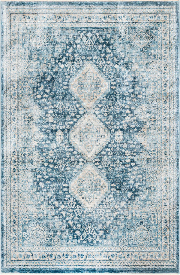 Unique Loom Newport Rosecliff Machine Made Border Rug Navy Blue, Ivory/Light Blue 5' 3" x 8' 0"