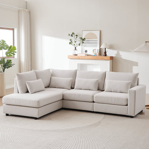 English Elm MH100.2" Sofa Convertible L-Shaped Linen Sectional with Movable Ottoman 5 Cushions 4 Lumbar Pillows Beige W1193S00140