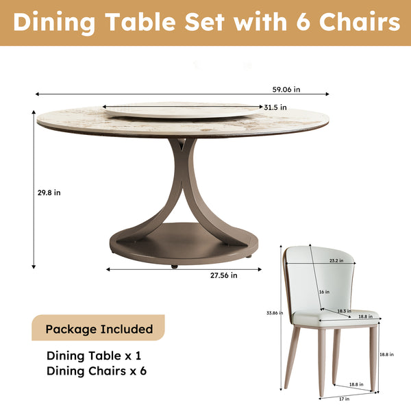 English Elm 59" Round Dining Table With 360° Rotating Lazy Susan - Scratch-Resistant Stone Top For Family Gatherings W2699S00055