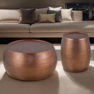 English Elm CT501 Hand-Hammered Round Aluminum Coffee and End Table Set — Drum Design, Textured Accent, No Assembly Required Copper B009S01534