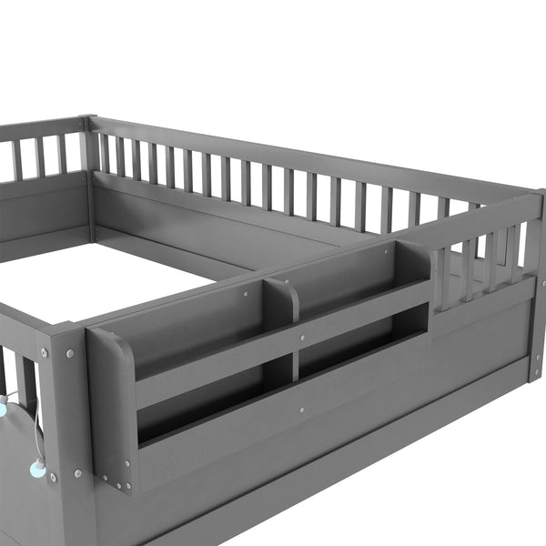 English Elm Full Montessori floor bed offering high rails, built-in light and shelf for safe independent sleep and storage Grey 79.13 L x 13 W x 6.3 H W2593P333796