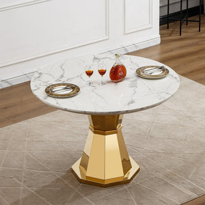 English Elm 47" Round Marble Dining Table - Luxurious High Gloss Faux Marble Top & Stainless Steel Base For Modern Spaces W3456S00005