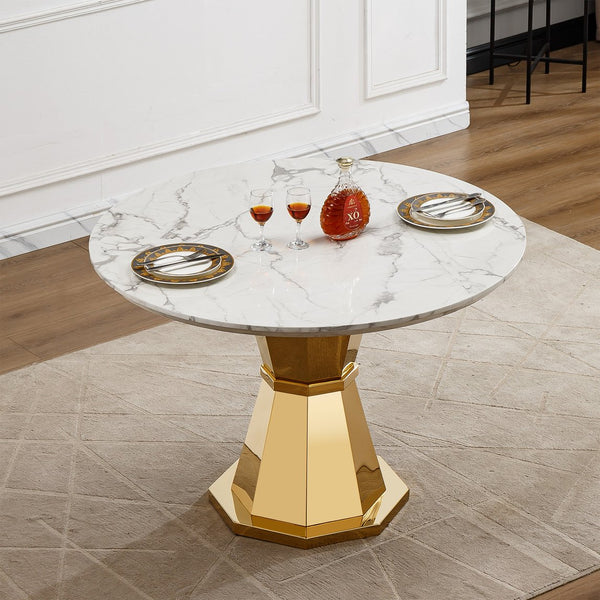 English Elm 47" Round Marble Dining Table - Luxurious High Gloss Faux Marble Top & Stainless Steel Base For Modern Spaces W3456S00005
