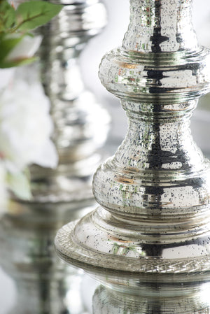 English Elm D6.1x11.8" Antique Silver Glass Pillar Candle Holder with Ribbed Detail, Round Base Elegance W2078P390747